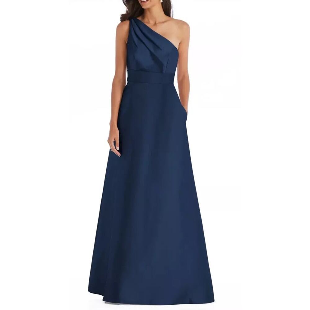 Alfred Sung Midnight Blue One-Shoulder A-Line Gown $239 NWT D815S Size 4